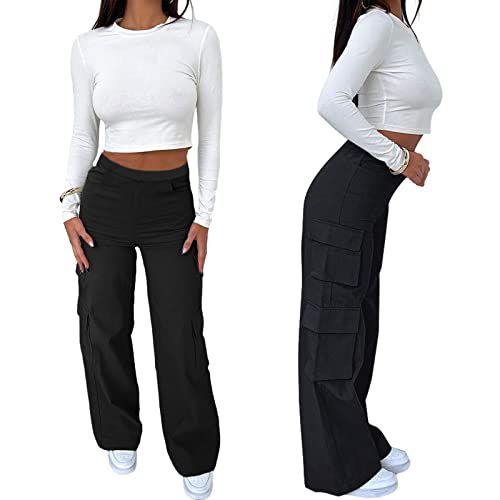 Nuofengkudu Ladies Black Wide Leg Cargo Trousers Y2K Stretch Utility Multi Pockets Elasticated High Waisted Flared Bootleg Loose Fit Pull on Work Pants Vintage Bottoms Streetwear Casual Outdoor XL