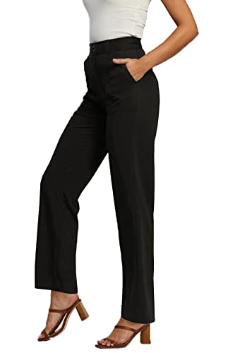 femiss Women Black Straight Leg Smart Trousers Ladies Work Everyday Office Wear Girls Teens School Wear (REV-BLACK-14)