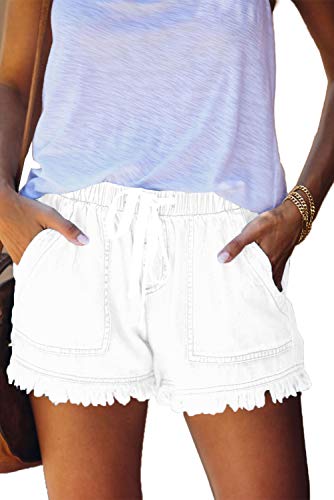 HVEPUO Women's Denim Shorts Cotton Flowy Pull On 6 Inch Inseam Lounge Shorts Pull On Cacky Jean Shorts for Women with Pockets Beach Frayed Hem Fringe Jeans Short Work Casual White XL