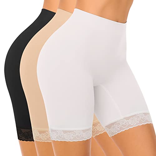SIHOHAN Womens Anti Chafing Shorts Chub Rub Shorts Lace Slip Shorts Seamless Long Briefs for Under Dresses Skirts(Black+White+Beige,L)