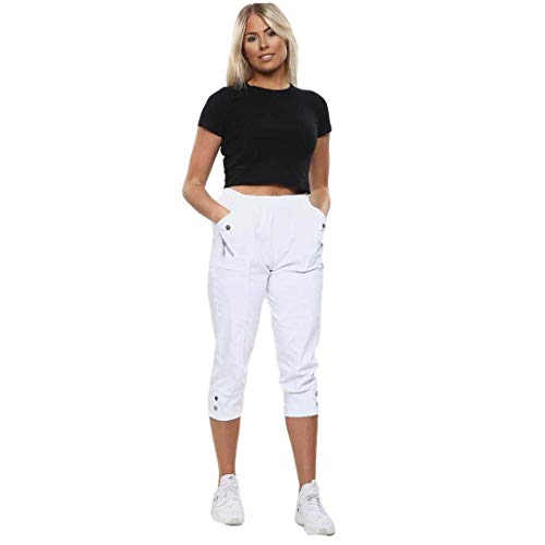 CherryBerry Women Ladies Elasticated Cotton Stretch Capri Cropped 3/4 Trousers UK 10-22 Size (as8, Numeric, Numeric_20, Regular, Regular, White)