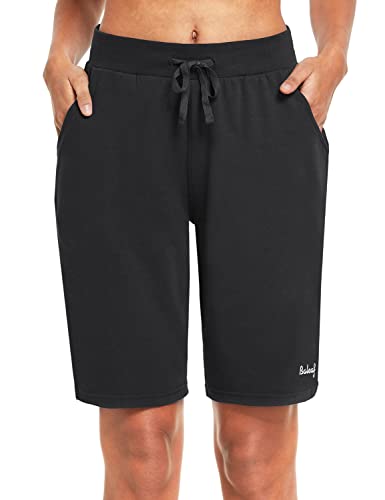 Baleaf Women's 10" Long Shorts Cotton Lounge Gym Workout Yoga Sweat Bermuda Knit Jersey Shorts Pockets Black XXL