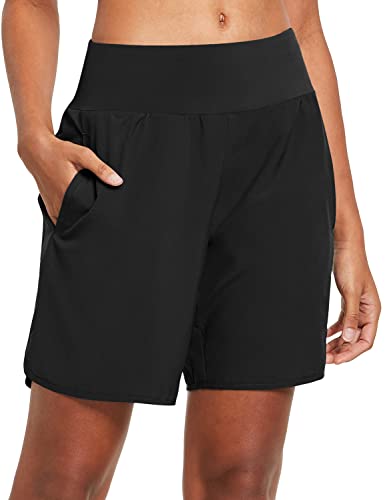 BALEAF Women's Running Shorts 2 in 1 High Waist Gym Shorts Quick Dry with Back Zipper Pockets for Yoga Workout Black L