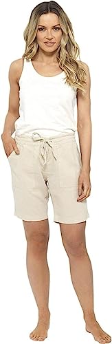 IUEG Ladies Linen Shorts Women Summer Casual Wear Pants with Pockets- Beige-14
