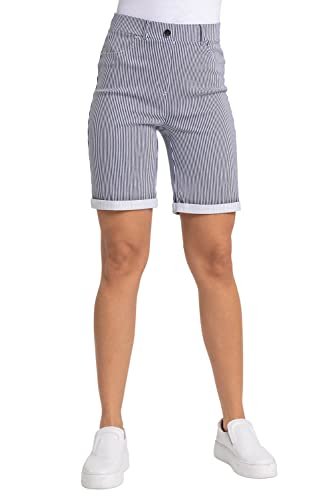Roman Originals Stretch Shorts for Women UK - Ladies Turned Hem Bengaline Casual Everyday Cropped Pants Chino Capri Slim Fit Above The Knee Turn Up Bermuda Summer Crops - Navy White - Size 10