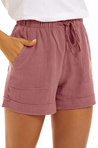 GOLDPKF Shorts Womens Summer Ladies Cotton Linen Shorts Lounge Cargo Flowy Walking Elastic Waist Shorts Mid High Dusty Pink UK Large
