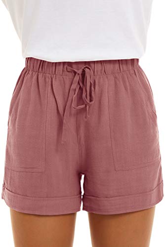 GOLDPKF Shorts Womens Summer Ladies Cotton Linen Shorts Lounge Cargo Flowy Walking Elastic Waist Shorts Mid High Dusty Pink UK Large