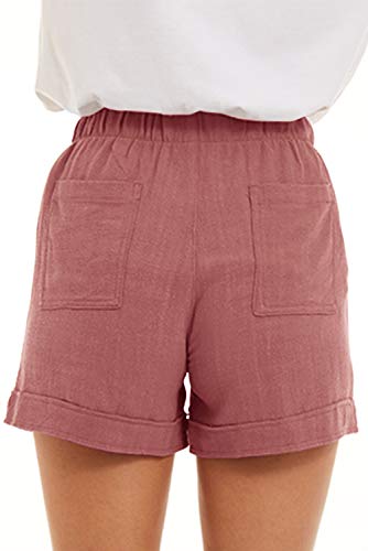 GOLDPKF Shorts Womens Summer Ladies Cotton Linen Shorts Lounge Cargo Flowy Walking Elastic Waist Shorts Mid High Dusty Pink UK Large
