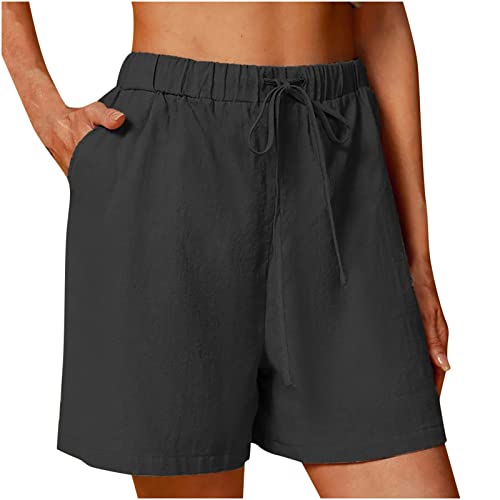 AMhomely Linen Shorts with Pockets for Women Summer Elastic Waist Drawstring Shorts Casual Beach Hotpants Fitness Yoga Shorts Loose Fit Pants UK, 01 Black, XL