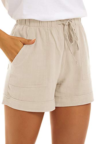 FANGJIN Womens Shorts Ladies Lounge Linen Pants of Summer Shorts Womens Waistband Elastic Shorts with Pockets for Summer Clothing The Comfy Shorts Beige Size L