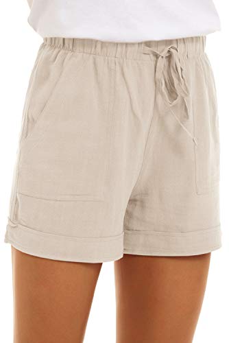 FANGJIN Womens Shorts Ladies Lounge Linen Pants of Summer Shorts Womens Waistband Elastic Shorts with Pockets for Summer Clothing The Comfy Shorts Beige Size L