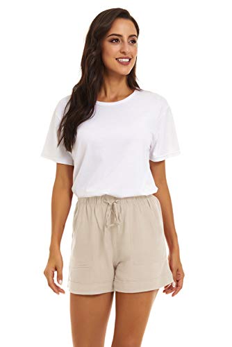 FANGJIN Womens Shorts Ladies Lounge Linen Pants of Summer Shorts Womens Waistband Elastic Shorts with Pockets for Summer Clothing The Comfy Shorts Beige Size L