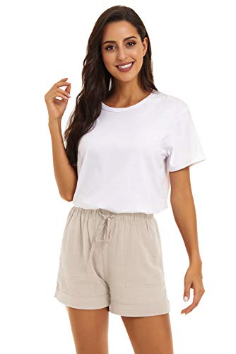 FANGJIN Womens Shorts Ladies Lounge Linen Pants of Summer Shorts Womens Waistband Elastic Shorts with Pockets for Summer Clothing The Comfy Shorts Beige Size L