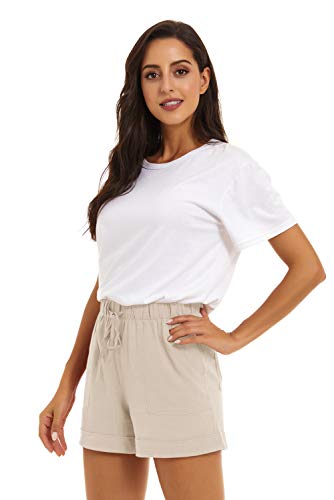 FANGJIN Womens Shorts Ladies Lounge Linen Pants of Summer Shorts Womens Waistband Elastic Shorts with Pockets for Summer Clothing The Comfy Shorts Beige Size L