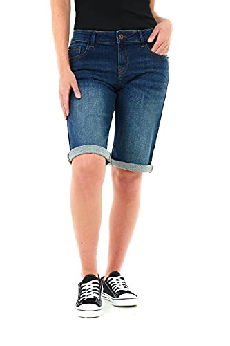 M17 Womens Ladies Knee Length Denim Stretchy Bermuda Shorts Contrast Turn Up Cuff Casual Summer Classic Cotton Pants with Pockets (16, Indigo), 5056242843221