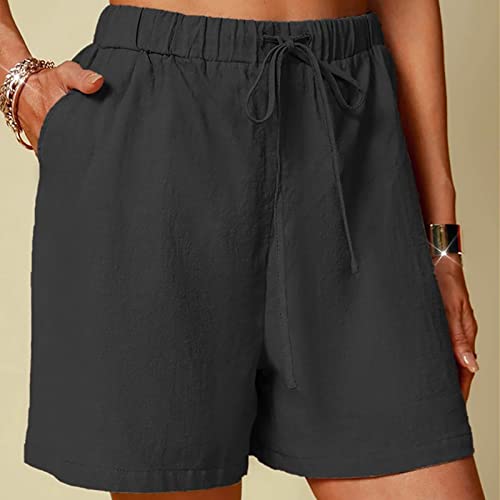 AMhomely Linen Shorts with Pockets for Women Summer Elastic Waist Drawstring Shorts Casual Beach Hotpants Fitness Yoga Shorts Loose Fit Pants UK, 01 Black, XL