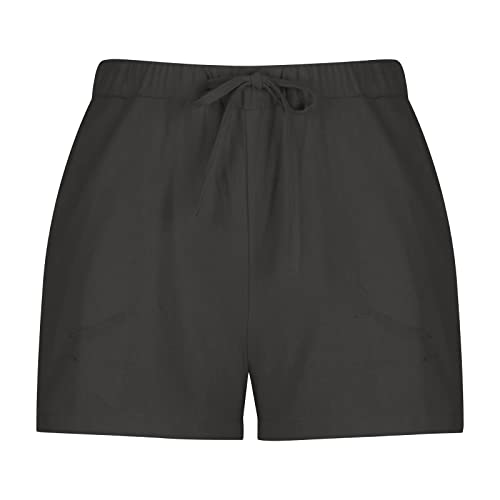 AMhomely Linen Shorts with Pockets for Women Summer Elastic Waist Drawstring Shorts Casual Beach Hotpants Fitness Yoga Shorts Loose Fit Pants UK, 01 Black, XL