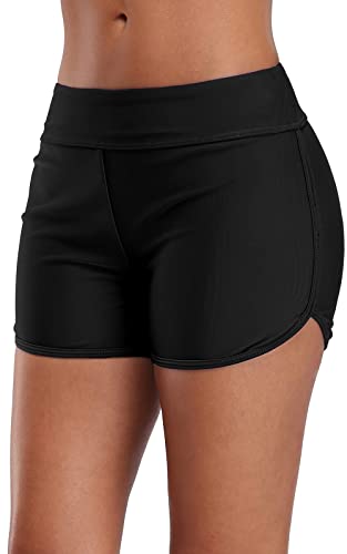 CharmLeaks Women Swim Boardshorts Boyleg Swimming Shorts Bikini Bottoms Black M