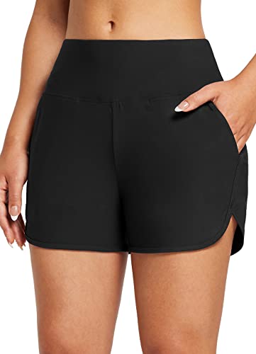 Baleaf Swim Shorts Womens Tummy Control High Waist Swimming Board Shorts with Pockets Liner Quick Dry 3'' UPF 50+ Black M