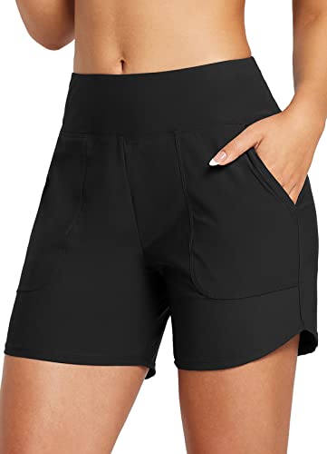 baleaf Swim Shorts Women with Liner 5 inch Swimming Bottoms High Waisted Tummy Control Swimsuits Board Beach Shorts Go Great with a Rashguard Black L