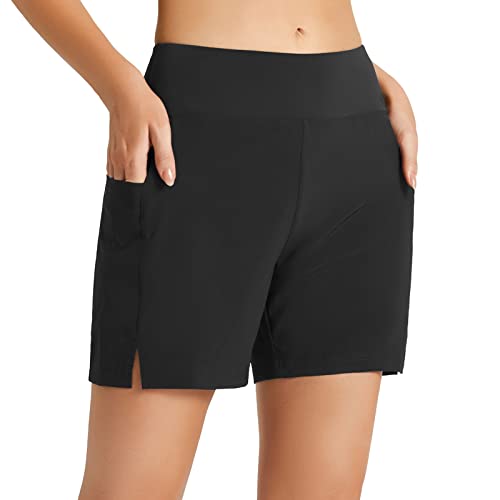 BALEAF Women's Swim Shorts High Waisted Quick Dry UPF50+ Summer Board Swimming Shorts Boyleg with Liner Black M