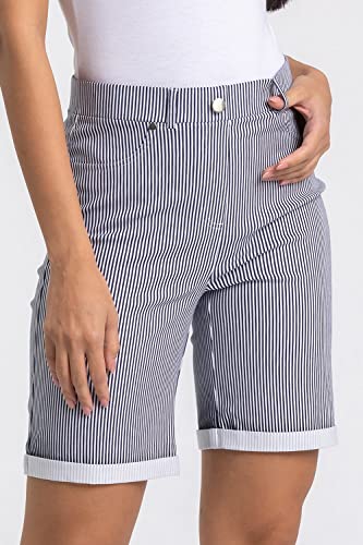 Roman Originals Stretch Shorts for Women UK - Ladies Turned Hem Bengaline Casual Everyday Cropped Pants Chino Capri Slim Fit Above The Knee Turn Up Bermuda Summer Crops - Navy White - Size 10