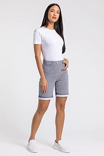 Roman Originals Stretch Shorts for Women UK - Ladies Turned Hem Bengaline Casual Everyday Cropped Pants Chino Capri Slim Fit Above The Knee Turn Up Bermuda Summer Crops - Navy White - Size 10