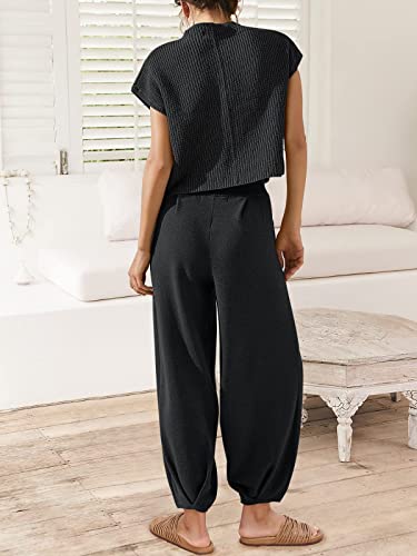 FeMereina Women 2 Piece Mock Neck Lounge Set Casual Short Sleeve Knitted Sweater Pullover Top High Waisted Wide Leg Pants Y2K Tracksuit (Black, M)