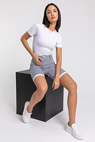 Roman Originals Stretch Shorts for Women UK - Ladies Turned Hem Bengaline Casual Everyday Cropped Pants Chino Capri Slim Fit Above The Knee Turn Up Bermuda Summer Crops - Navy White - Size 10