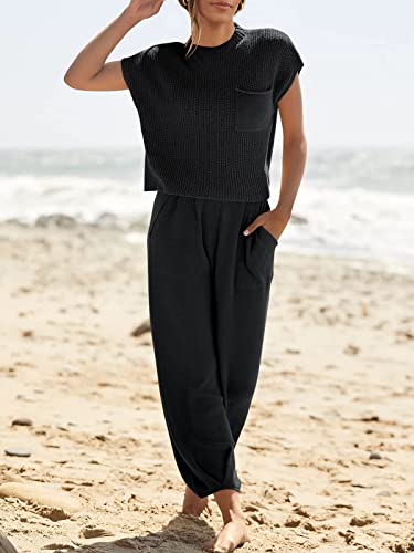 FeMereina Women 2 Piece Mock Neck Lounge Set Casual Short Sleeve Knitted Sweater Pullover Top High Waisted Wide Leg Pants Y2K Tracksuit (Black, M)