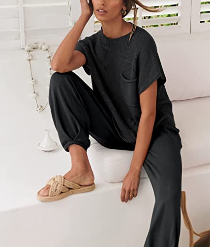 FeMereina Women 2 Piece Mock Neck Lounge Set Casual Short Sleeve Knitted Sweater Pullover Top High Waisted Wide Leg Pants Y2K Tracksuit (Black, M)