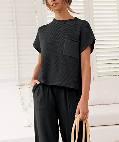 FeMereina Women 2 Piece Mock Neck Lounge Set Casual Short Sleeve Knitted Sweater Pullover Top High Waisted Wide Leg Pants Y2K Tracksuit (Black, M)