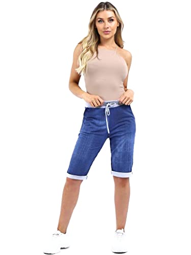 Fashion Trends New Italian Ladies Women's Elastic Waist Cotton Turn Up Shorts Size UK Fit 10-20 (Denim, 16-22)