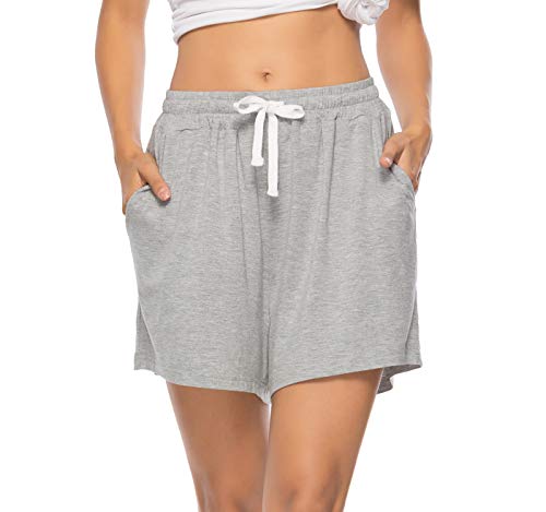 Vlazom Women's Pajama Short Bottoms Solid and Striped Sleeping Shorts Cotton Lounge Casual Pants for Yoga Gym Running - Grey-solid - XL