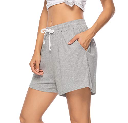 Vlazom Women's Pajama Short Bottoms Solid and Striped Sleeping Shorts Cotton Lounge Casual Pants for Yoga Gym Running - Grey-solid - XL