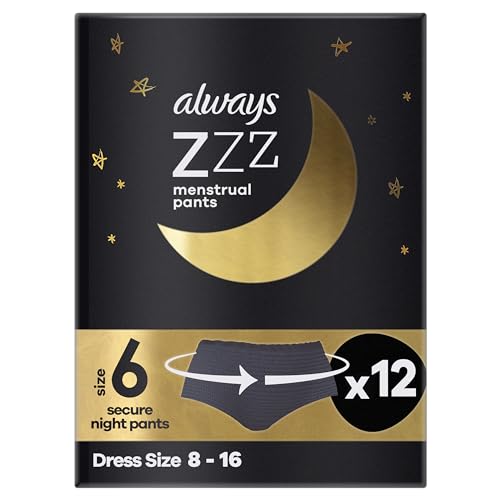 Always ZZZs Overnight Disposable Period Underwear (Size 6) 12 Black Period Pants for Women, 360° Coverage