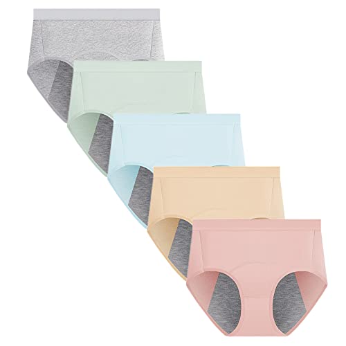 Yintry Women's Menstrual Period Panties Cotton Leakproof Underwear Heavy Flow Protection Pants Breathable briefs 5 Pack (L, 5Colors)