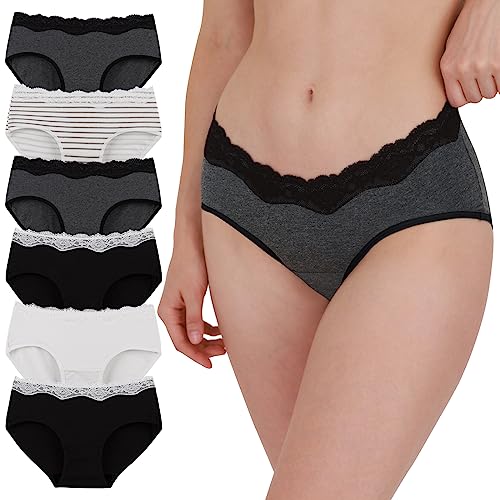 INNERSY Knickers Women Multipack Sweet Lace Trim Hipster Cotton Pants Pack of 6 (12, Black/Grey/White/Stripe)
