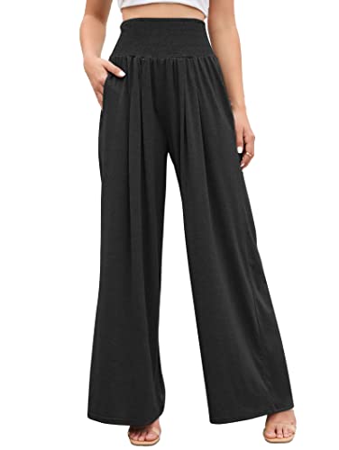 Famulily Ladies Comfy Stretch Yoga Sweatpants Trendy Smocked High Rise Wide Leg Athletic Lounge Pants Black L