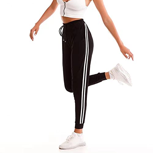 Stanpetix Joggers for Women - Womens Sweatpants with Pockets Sport Pants Black Trousers for Women UK（Black with White Strip, M