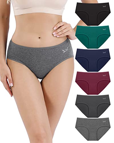 Benirap Womens Underwear Cotton Knickers Multipack, Ladies Pants Mid Rise Waisted Stretch Briefs Breathable Comfy Hipster Panties (6 Packs)-Dark Multicolor L