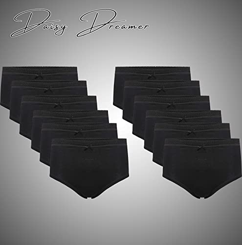 Daisy Dreamer 12 Pack Ladies Briefs Maxi, 100% Cotton Full Comfort Fit Underwear, Size 10-24 XXOS 18/20 (48-50"), Black