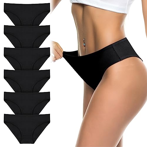 flintronic Women's Underwear, 6 Pcs Cotton Breathable Knickers Multipack, Stretchy Mid-Low Rise Hipster Panties, Soft Comfortable Ladies Basic Briefs for Daily Wear (Black L)