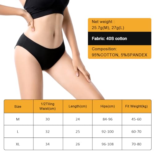 flintronic Women's Underwear, 6 Pcs Cotton Breathable Knickers Multipack, Stretchy Mid-Low Rise Hipster Panties, Soft Comfortable Ladies Basic Briefs for Daily Wear (Black L)