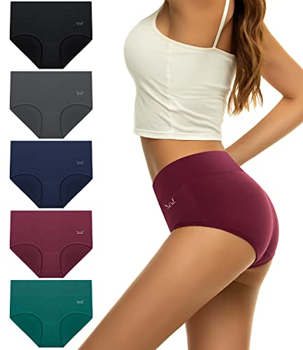 PULIOU Womens Knickers Ladies High Waisted Cotton Underwear Panties Briefs Full Back Coverage Comfy Stretchy Slight Tummy Contorl Multipack of 5