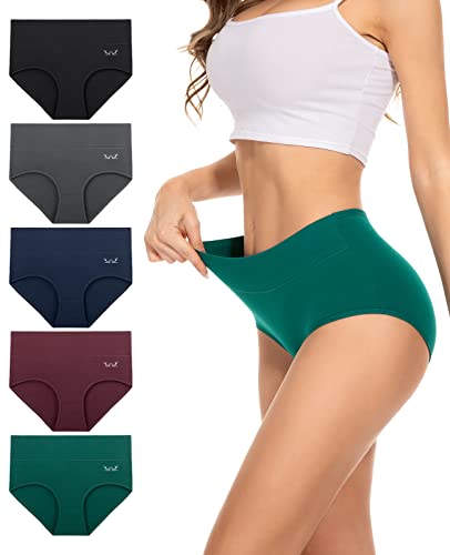 PULIOU Womens Knickers Ladies High Waisted Cotton Underwear Panties Briefs Full Back Coverage Comfy Stretchy Slight Tummy Contorl Multipack of 5