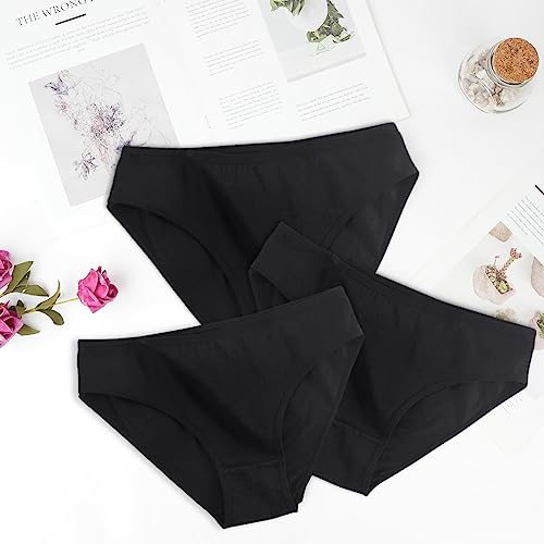 flintronic Women's Underwear, 6 Pcs Cotton Breathable Knickers Multipack, Stretchy Mid-Low Rise Hipster Panties, Soft Comfortable Ladies Basic Briefs for Daily Wear (Black L)