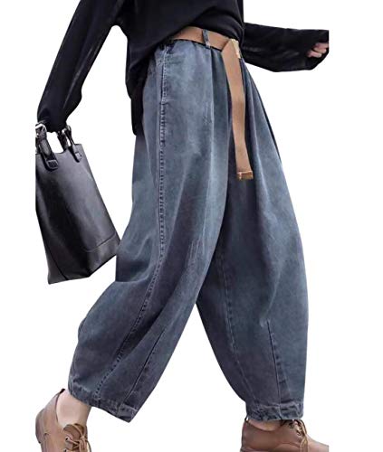 YESNO Women's Ladies Casual Baggy Jeans Cropped Denim Half Elastic Waist Trousers with Pockets 2XL PJDTYP1 Blue UK