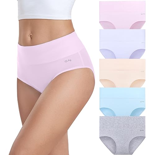 coskefy Underwear Women, High Waisted Cotton Knickers Ladies Full Briefs Stretchy Soft Panties Slight Tummy Control Pants (Pack of 5), L(UK 14)