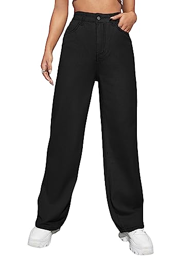 GORGLITTER Women's High Waist Wide Leg Denim Trouser Straight Ankle Skinny Y2K Denim Pants Jeans Black L